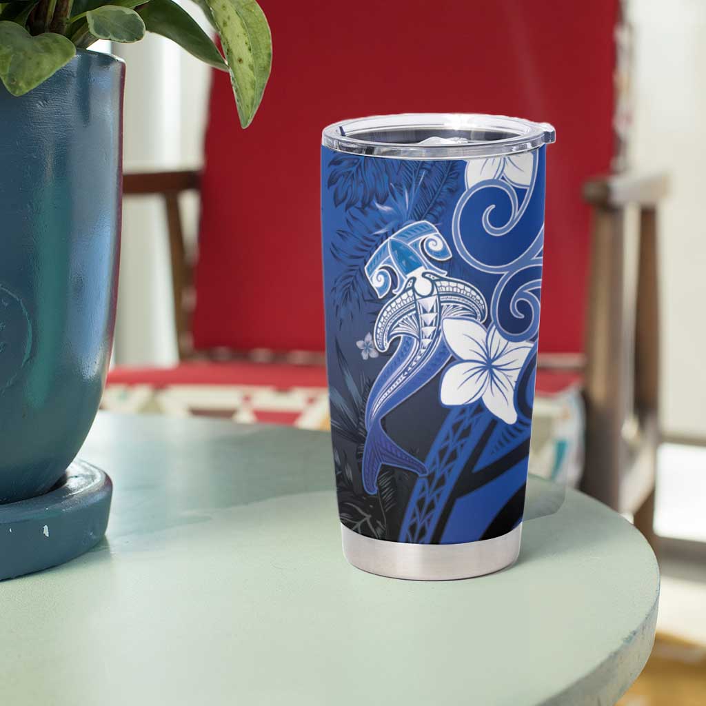 Polynesia Hammerhead Shark Tumbler Cup Blue Tribal Pattern With Plumeria - Polynesian Pride