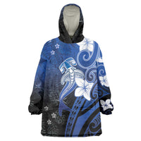 Polynesia Hammerhead Shark Wearable Blanket Hoodie Blue Tribal Pattern With Plumeria - Polynesian Pride