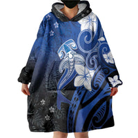 Polynesia Hammerhead Shark Wearable Blanket Hoodie Blue Tribal Pattern With Plumeria - Polynesian Pride