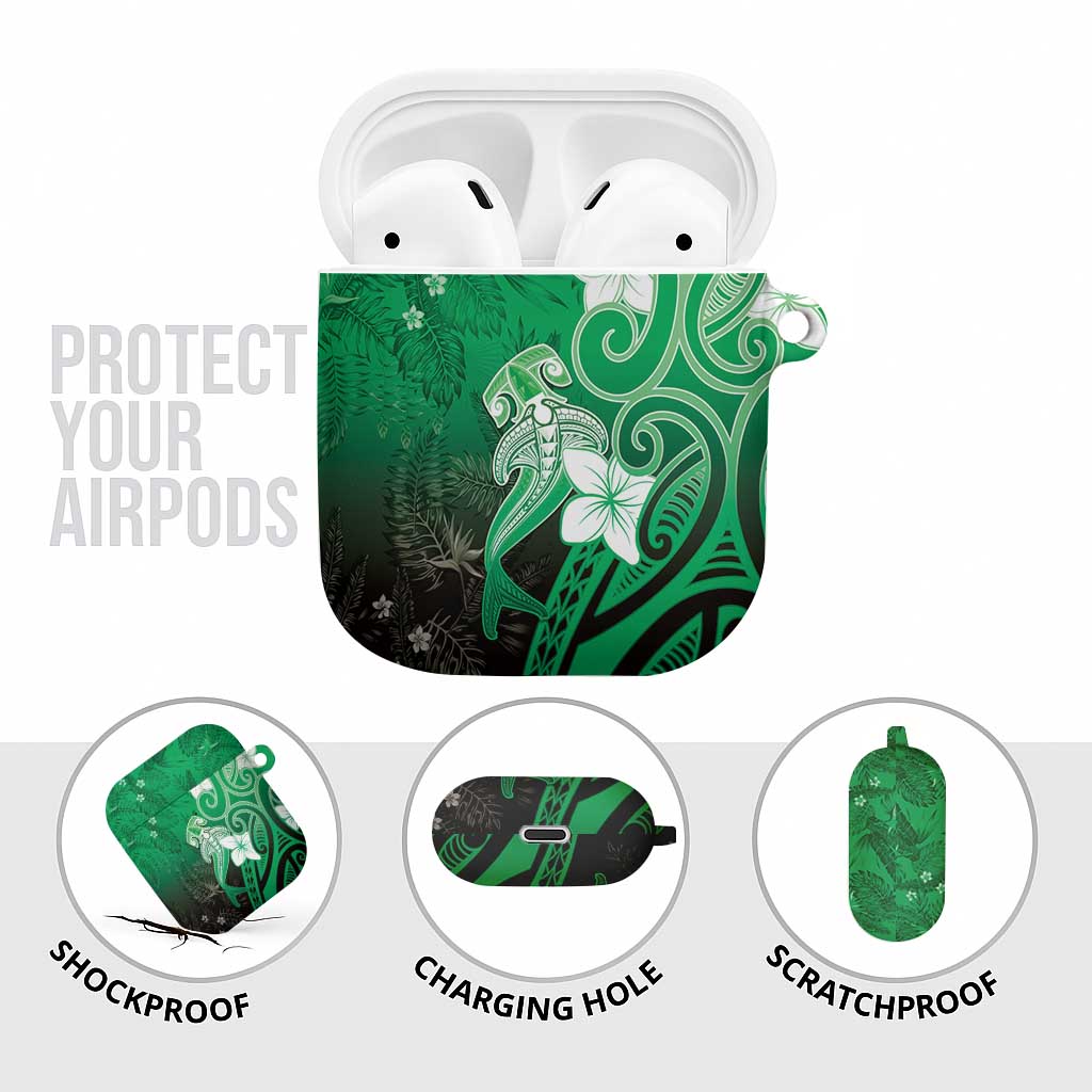 Polynesia Hammerhead Shark AirPods Case Green Tribal Pattern With Plumeria - Polynesian Pride