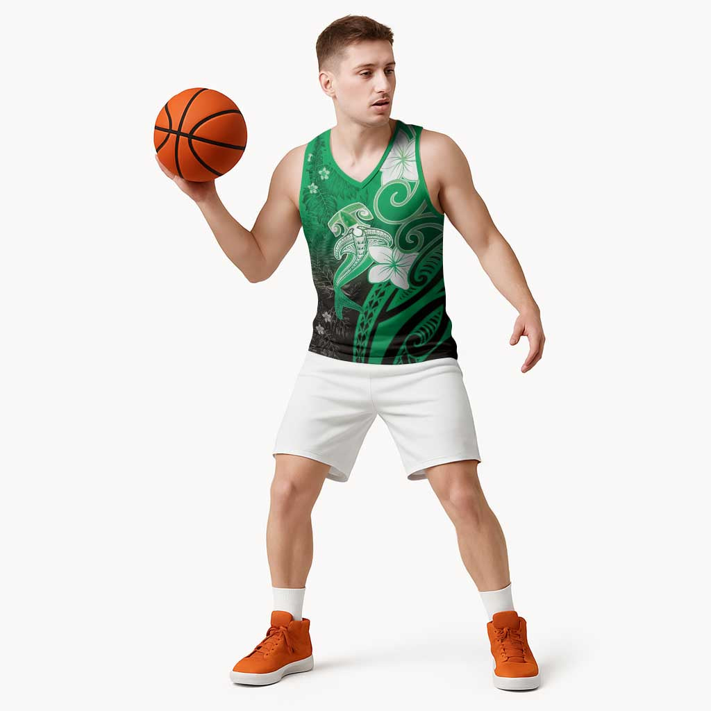 Polynesia Hammerhead Shark Basketball Jersey Green Tribal Pattern With Plumeria - Polynesian Pride