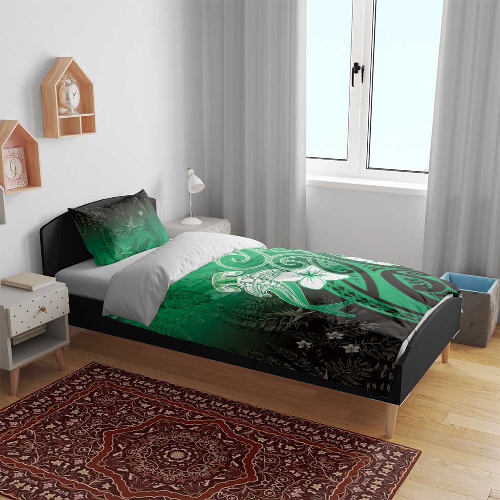 Polynesia Hammerhead Shark Bedding Set Green Tribal Pattern With Plumeria - Polynesian Pride