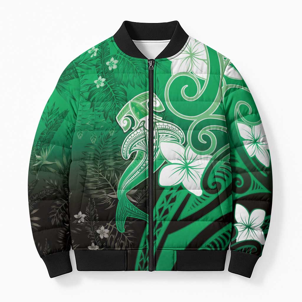 Polynesia Hammerhead Shark Bomber Puffer Jacket Green Tribal Pattern With Plumeria - Polynesian Pride