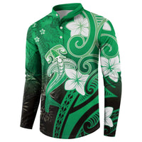 Polynesia Hammerhead Shark Button Sweatshirt Green Tribal Pattern With Plumeria - Polynesian Pride