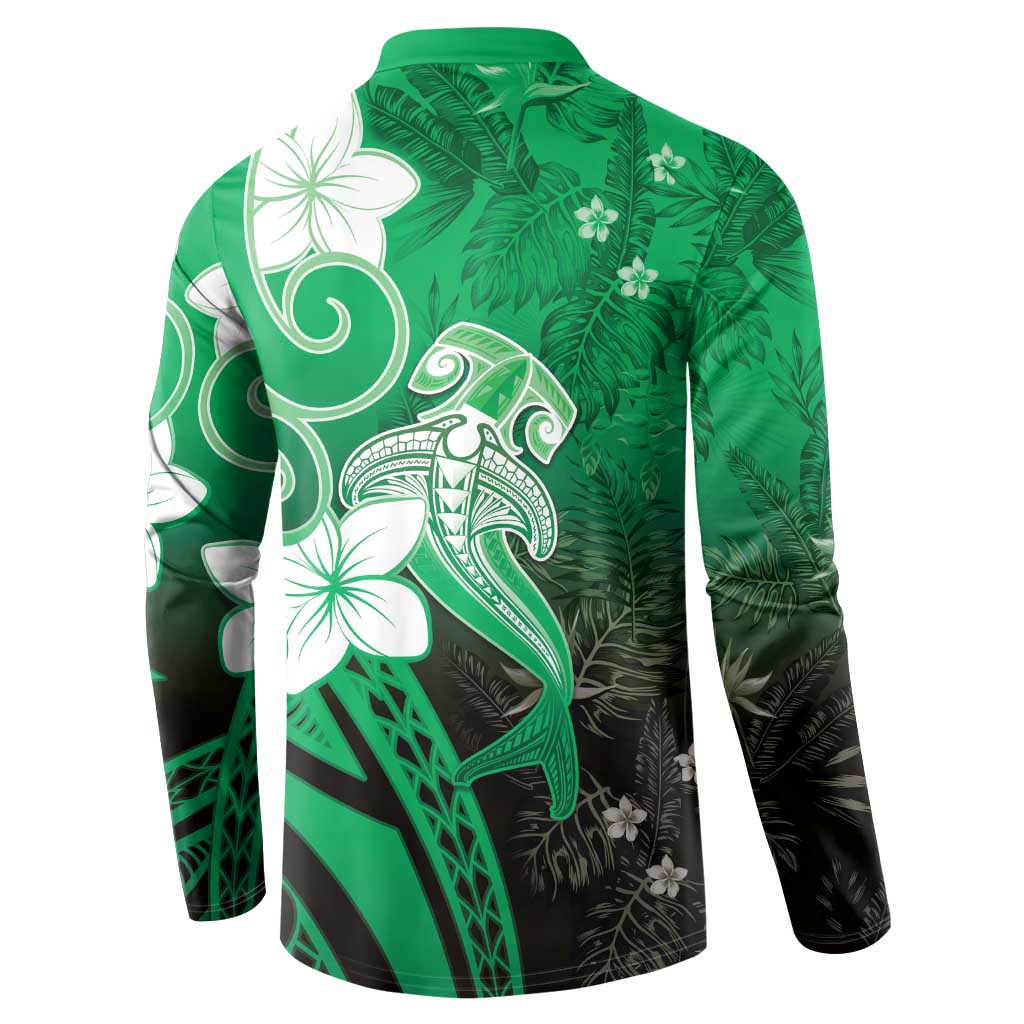 Polynesia Hammerhead Shark Button Sweatshirt Green Tribal Pattern With Plumeria - Polynesian Pride