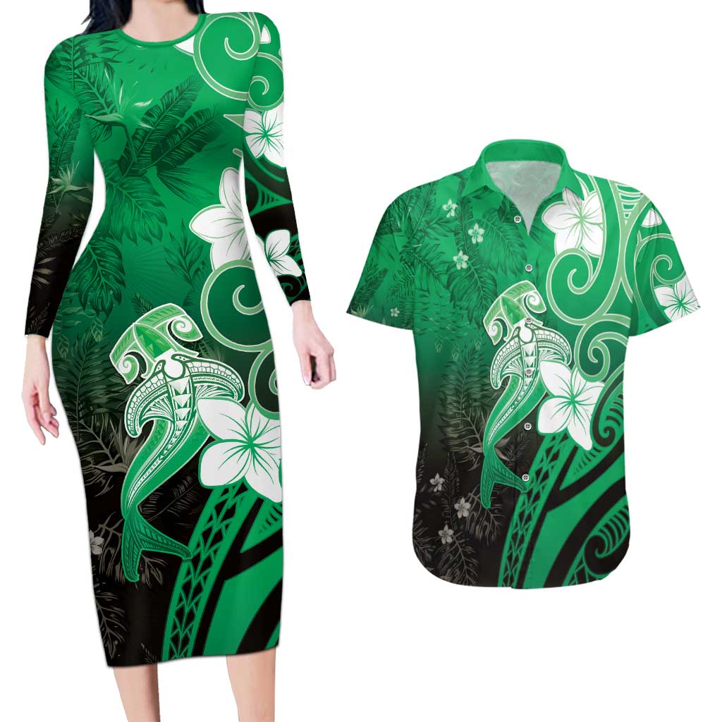 Polynesia Hammerhead Shark Couples Matching Long Sleeve Bodycon Dress and Hawaiian Shirt Green Tribal Pattern With Plumeria - Polynesian Pride
