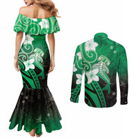 Polynesia Hammerhead Shark Couples Matching Mermaid Dress and Long Sleeve Button Shirt Green Tribal Pattern With Plumeria - Polynesian Pride