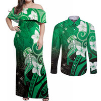 Polynesia Hammerhead Shark Couples Matching Off Shoulder Maxi Dress and Long Sleeve Button Shirt Green Tribal Pattern With Plumeria - Polynesian Pride