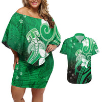 Polynesia Hammerhead Shark Couples Matching Off Shoulder Short Dress and Hawaiian Shirt Green Tribal Pattern With Plumeria - Polynesian Pride