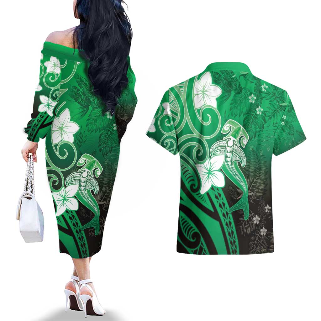 Polynesia Hammerhead Shark Couples Matching Off The Shoulder Long Sleeve Dress and Hawaiian Shirt Green Tribal Pattern With Plumeria - Polynesian Pride
