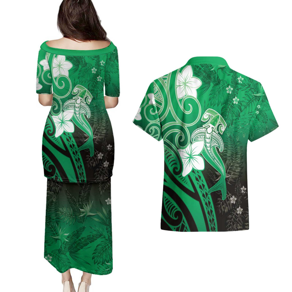 Polynesia Hammerhead Shark Couples Matching Puletasi and Hawaiian Shirt Green Tribal Pattern With Plumeria - Polynesian Pride
