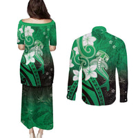 Polynesia Hammerhead Shark Couples Matching Puletasi and Long Sleeve Button Shirt Green Tribal Pattern With Plumeria - Polynesian Pride