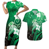 Polynesia Hammerhead Shark Couples Matching Short Sleeve Bodycon Dress and Hawaiian Shirt Green Tribal Pattern With Plumeria - Polynesian Pride