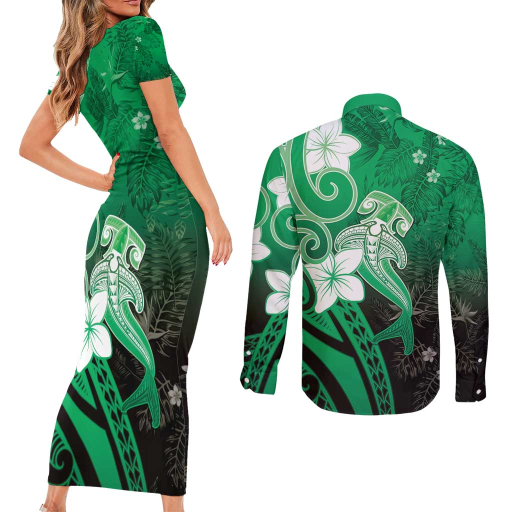 Polynesia Hammerhead Shark Couples Matching Short Sleeve Bodycon Dress and Long Sleeve Button Shirt Green Tribal Pattern With Plumeria - Polynesian Pride