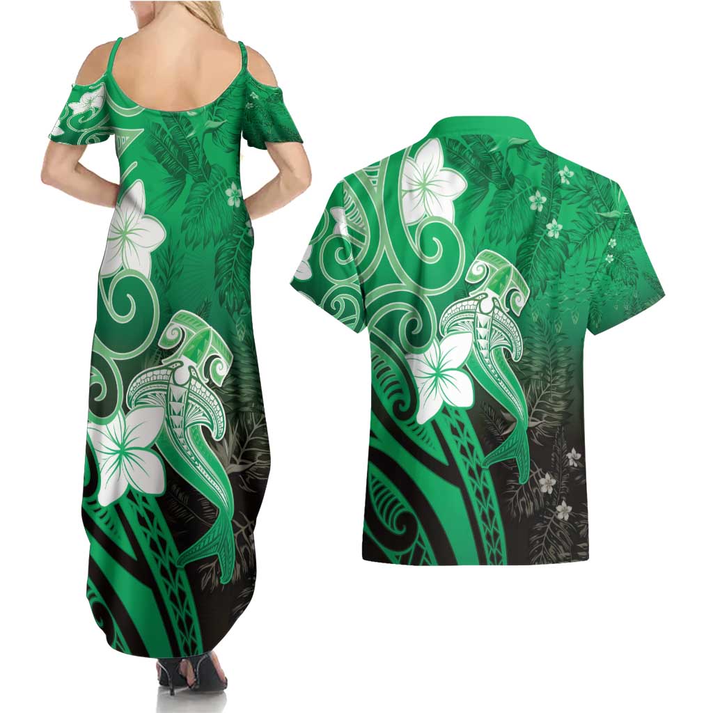 Polynesia Hammerhead Shark Couples Matching Summer Maxi Dress and Hawaiian Shirt Green Tribal Pattern With Plumeria - Polynesian Pride