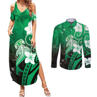 Polynesia Hammerhead Shark Couples Matching Summer Maxi Dress and Long Sleeve Button Shirt Green Tribal Pattern With Plumeria - Polynesian Pride
