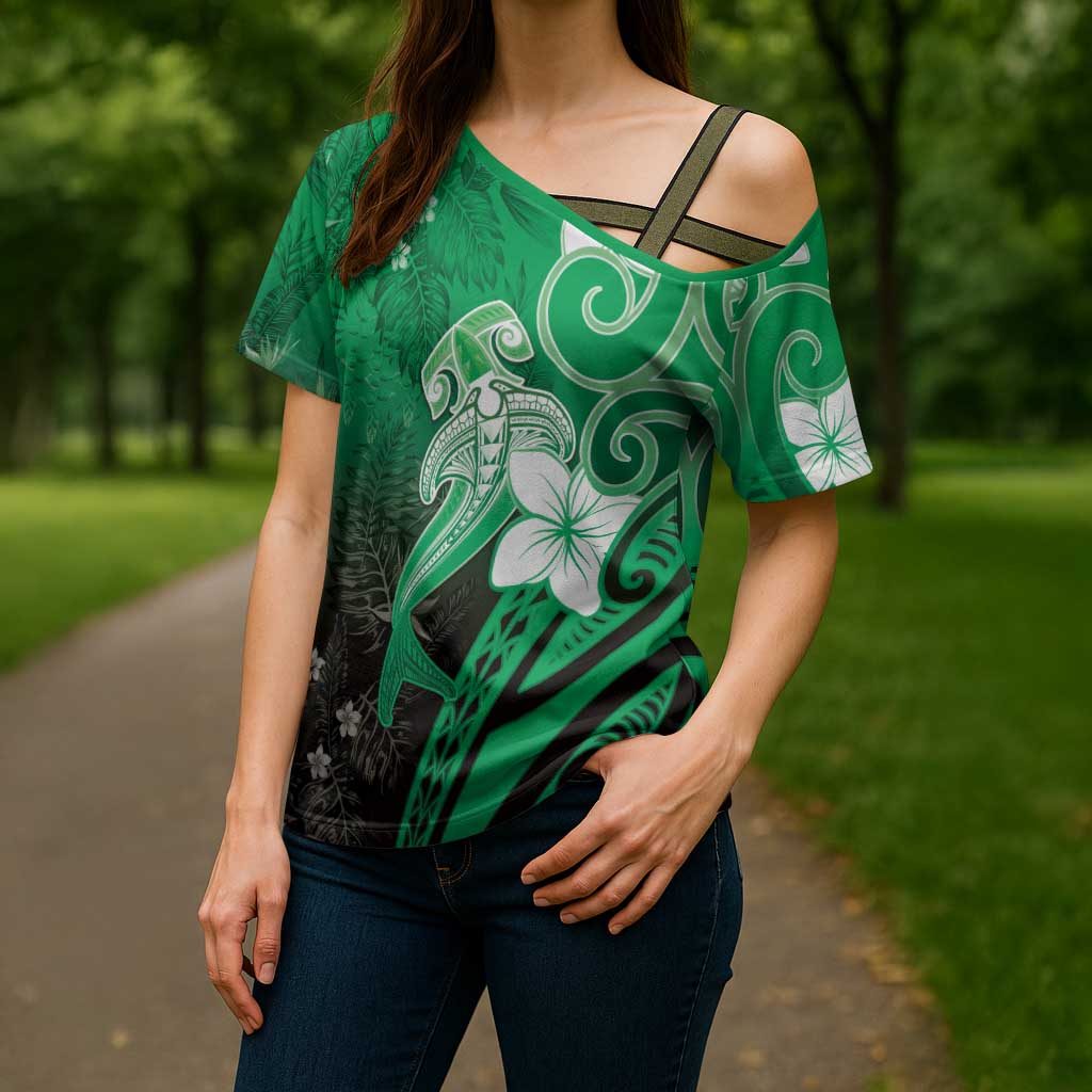 Polynesia Hammerhead Shark Cross Shoulder Shirt Green Tribal Pattern With Plumeria - Polynesian Pride