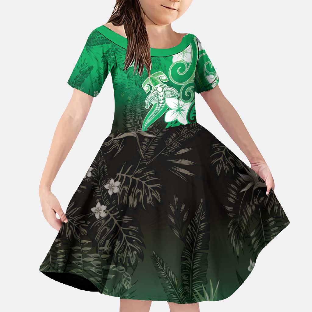Polynesia Hammerhead Shark Family Matching Long Sleeve Bodycon Dress and Hawaiian Shirt Green Tribal Pattern With Plumeria LT05 Daughter's Dress Green - Polynesian Pride