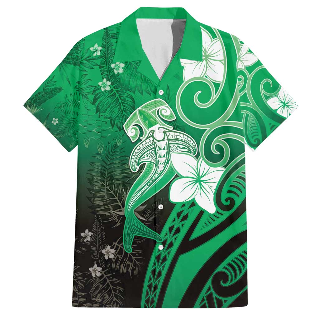Polynesia Hammerhead Shark Family Matching Long Sleeve Bodycon Dress and Hawaiian Shirt Green Tribal Pattern With Plumeria LT05 Dad's Shirt - Short Sleeve Green - Polynesian Pride