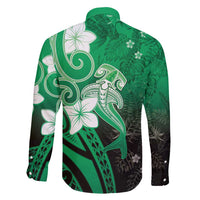 Polynesia Hammerhead Shark Family Matching Long Sleeve Bodycon Dress and Hawaiian Shirt Green Tribal Pattern With Plumeria LT05 - Polynesian Pride