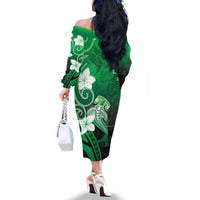 Polynesia Hammerhead Shark Family Matching Off The Shoulder Long Sleeve Dress and Hawaiian Shirt Green Tribal Pattern With Plumeria LT05 - Polynesian Pride