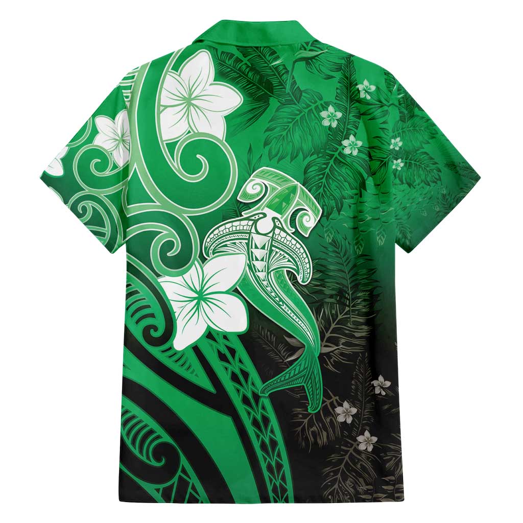 Polynesia Hammerhead Shark Family Matching Off Shoulder Maxi Dress and Hawaiian Shirt Green Tribal Pattern With Plumeria - Polynesian Pride