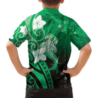 Polynesia Hammerhead Shark Family Matching Off Shoulder Short Dress and Hawaiian Shirt Green Tribal Pattern With Plumeria - Polynesian Pride