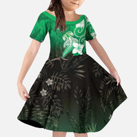 Polynesia Hammerhead Shark Family Matching Short Sleeve Bodycon Dress and Hawaiian Shirt Green Tribal Pattern With Plumeria LT05 Daughter's Dress Green - Polynesian Pride