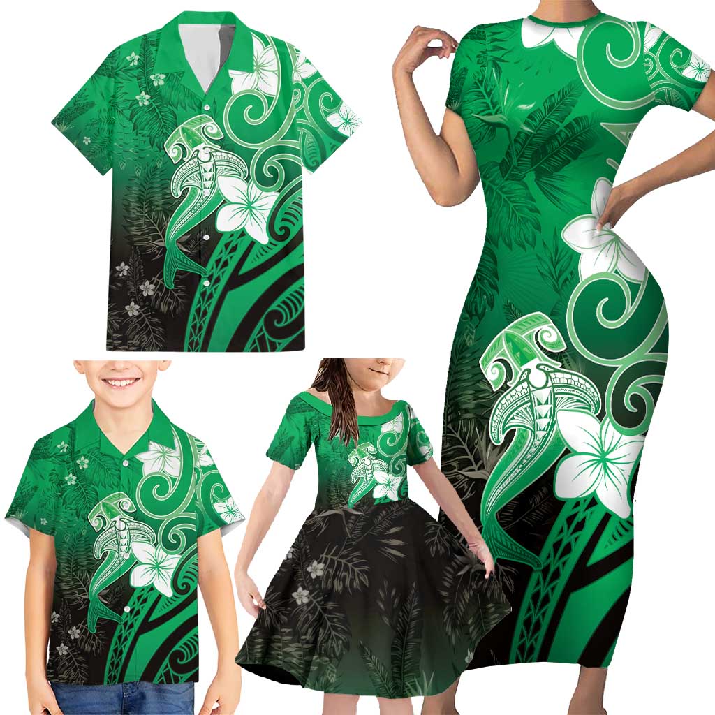 Polynesia Hammerhead Shark Family Matching Short Sleeve Bodycon Dress and Hawaiian Shirt Green Tribal Pattern With Plumeria LT05 - Polynesian Pride
