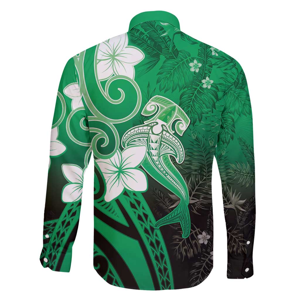 Polynesia Hammerhead Shark Family Matching Short Sleeve Bodycon Dress and Hawaiian Shirt Green Tribal Pattern With Plumeria LT05 - Polynesian Pride