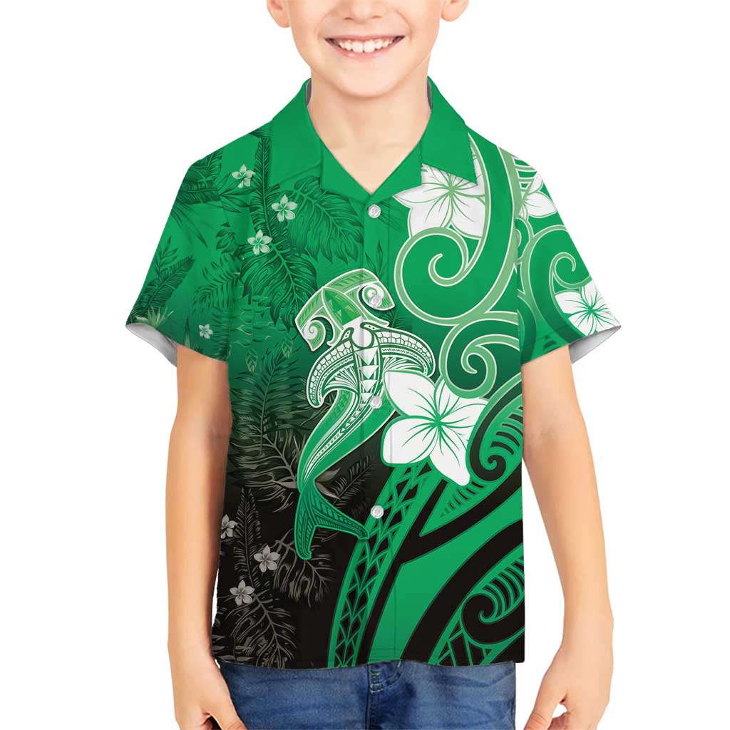 Polynesia Hammerhead Shark Family Matching Summer Maxi Dress and Hawaiian Shirt Green Tribal Pattern With Plumeria - Polynesian Pride