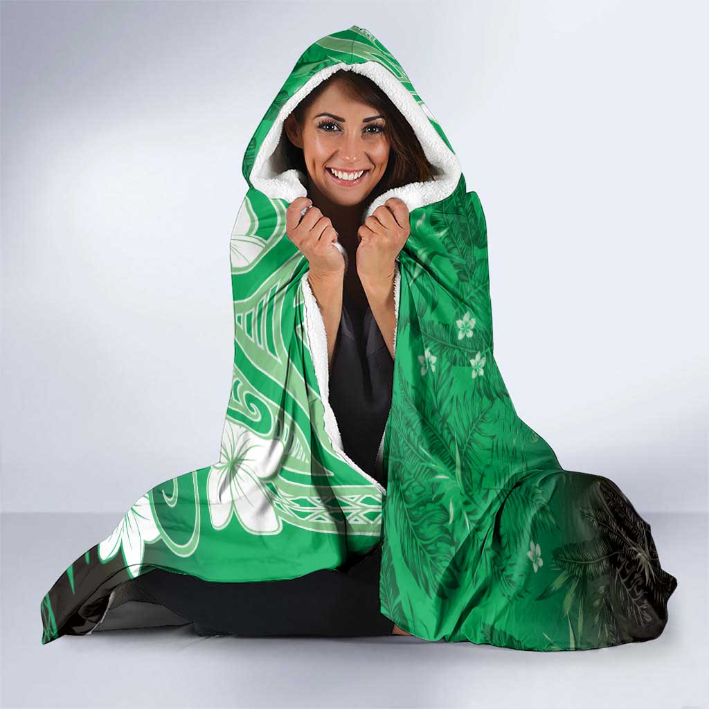 Polynesia Hammerhead Shark Hooded Blanket Green Tribal Pattern With Plumeria - Polynesian Pride