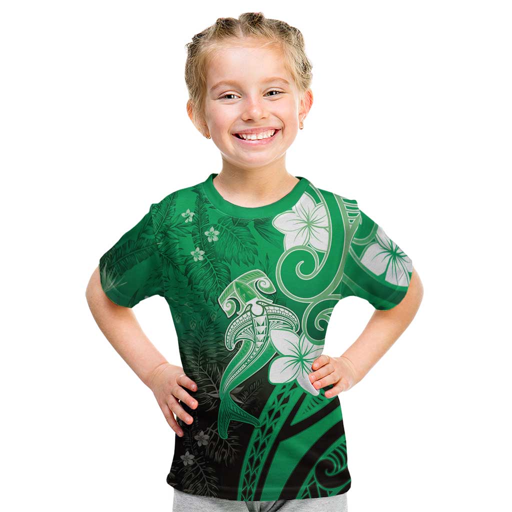 Polynesia Hammerhead Shark Kid T Shirt Green Tribal Pattern With Plumeria - Polynesian Pride