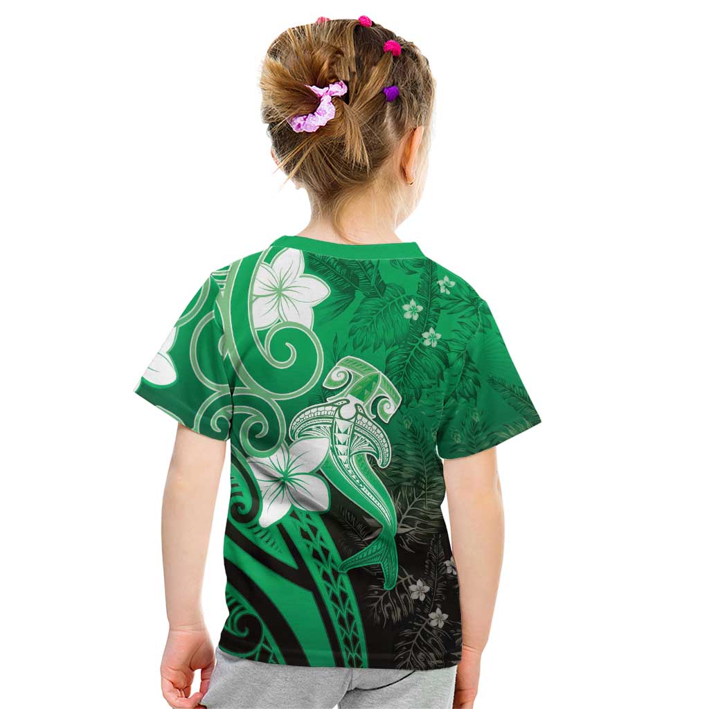 Polynesia Hammerhead Shark Kid T Shirt Green Tribal Pattern With Plumeria - Polynesian Pride