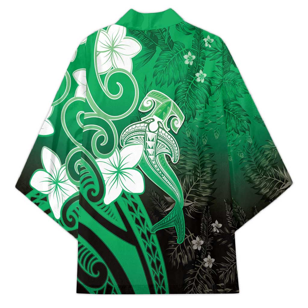 Polynesia Hammerhead Shark Kimono Green Tribal Pattern With Plumeria - Polynesian Pride