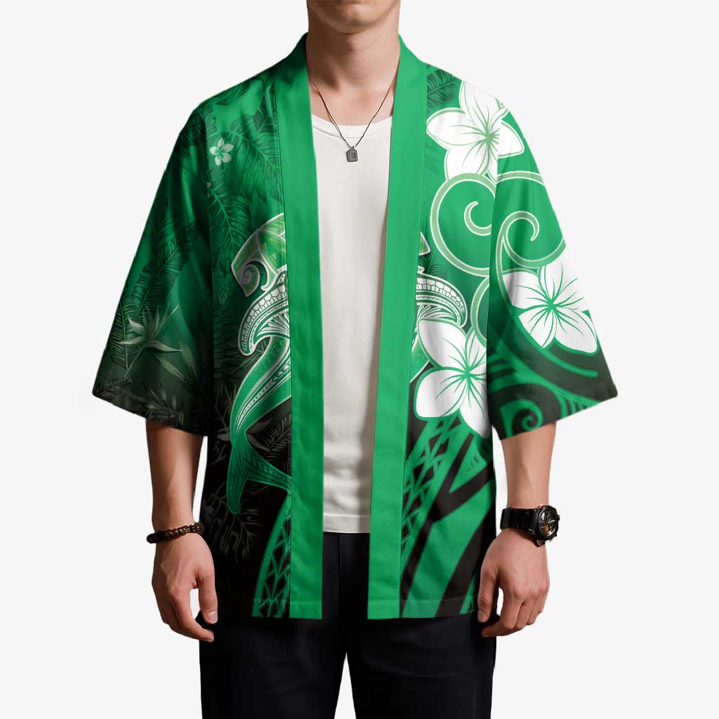 Polynesia Hammerhead Shark Kimono Green Tribal Pattern With Plumeria - Polynesian Pride