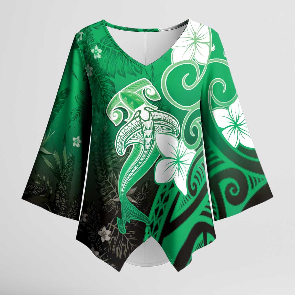 Polynesia Hammerhead Shark Kimono Sleeve Blouse Green Tribal Pattern With Plumeria - Polynesian Pride