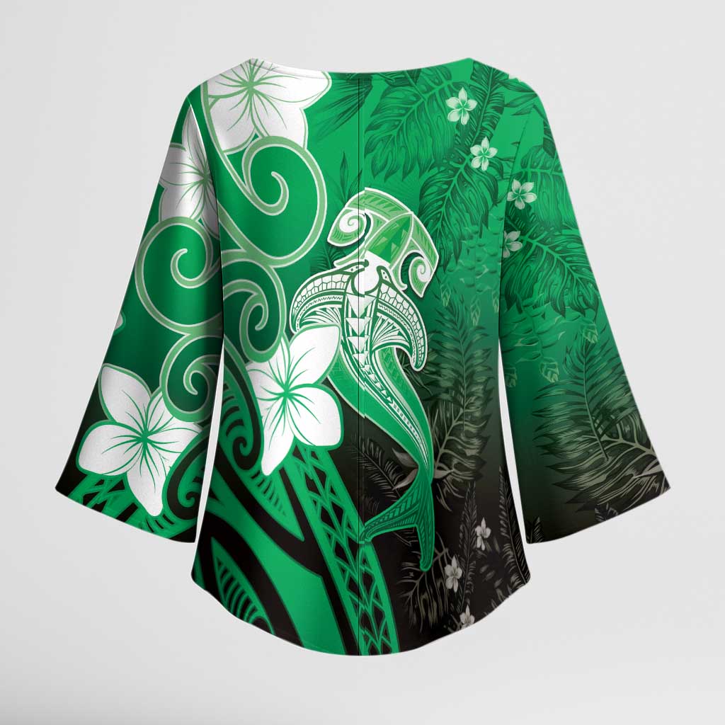 Polynesia Hammerhead Shark Kimono Sleeve Blouse Green Tribal Pattern With Plumeria - Polynesian Pride