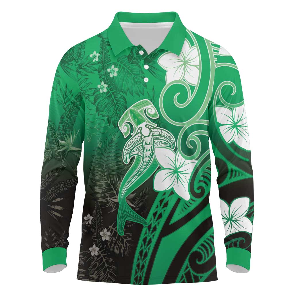 Polynesia Hammerhead Shark Long Sleeve Polo Shirt Green Tribal Pattern With Plumeria - Polynesian Pride