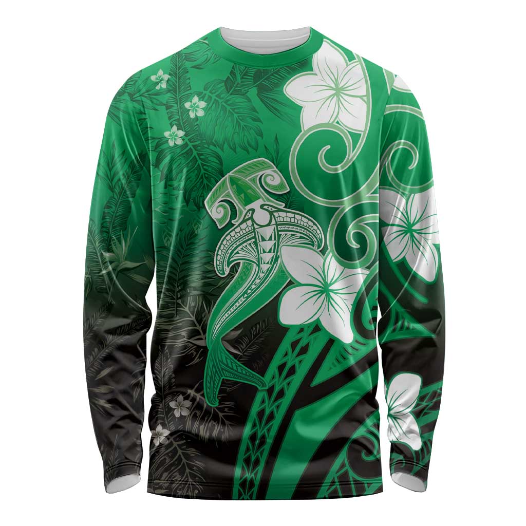 Polynesia Hammerhead Shark Long Sleeve Shirt Green Tribal Pattern With Plumeria - Polynesian Pride