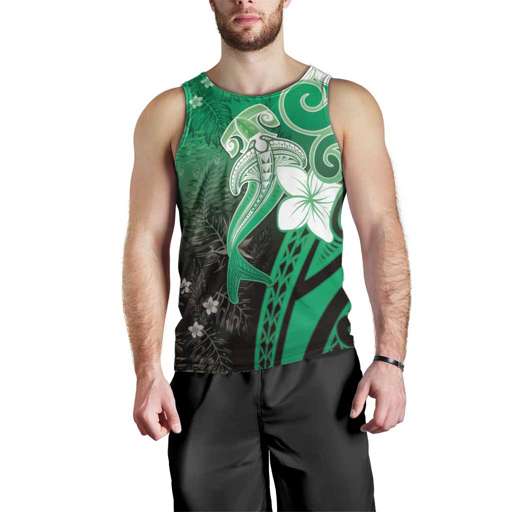 Polynesia Hammerhead Shark Men Tank Top Green Tribal Pattern With Plumeria - Polynesian Pride