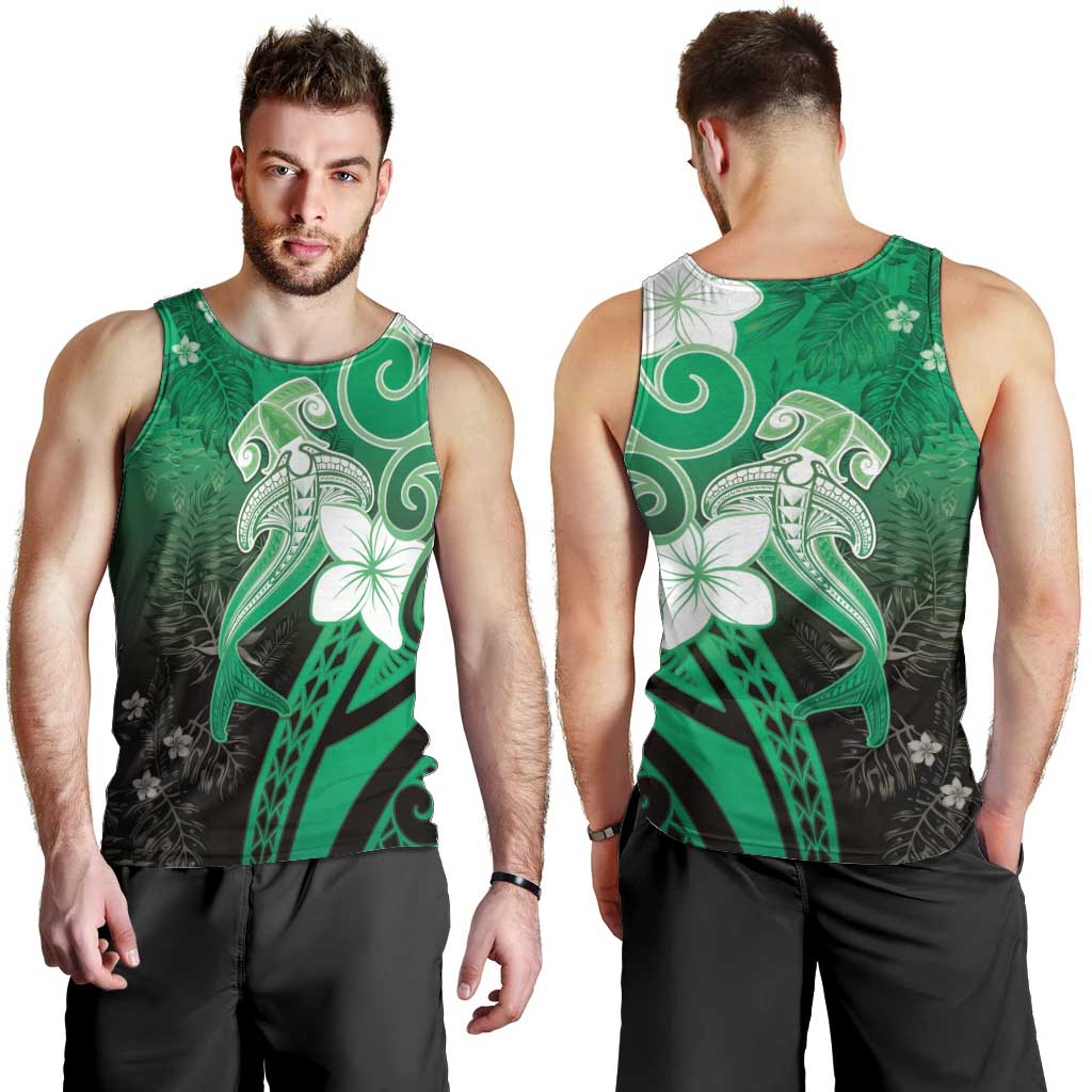Polynesia Hammerhead Shark Men Tank Top Green Tribal Pattern With Plumeria - Polynesian Pride