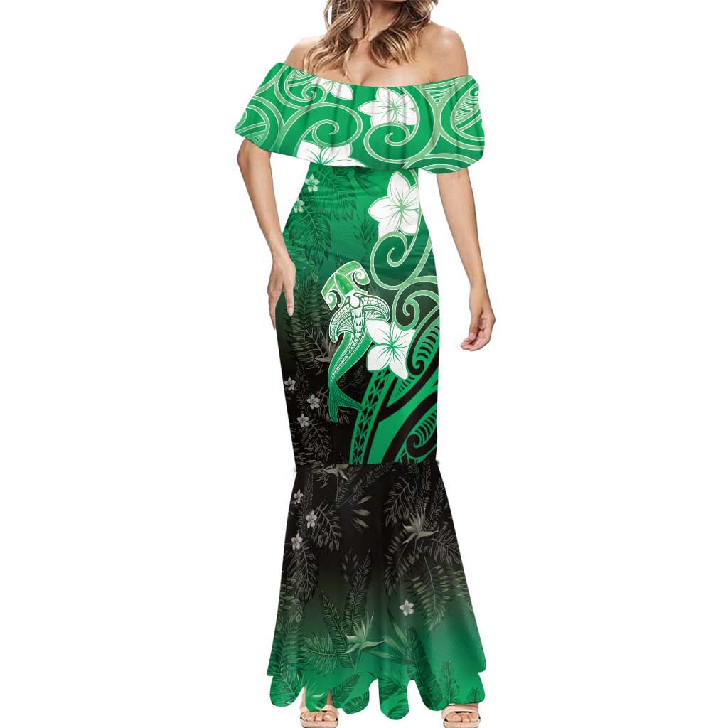 Polynesia Hammerhead Shark Mermaid Dress Green Tribal Pattern With Plumeria - Polynesian Pride