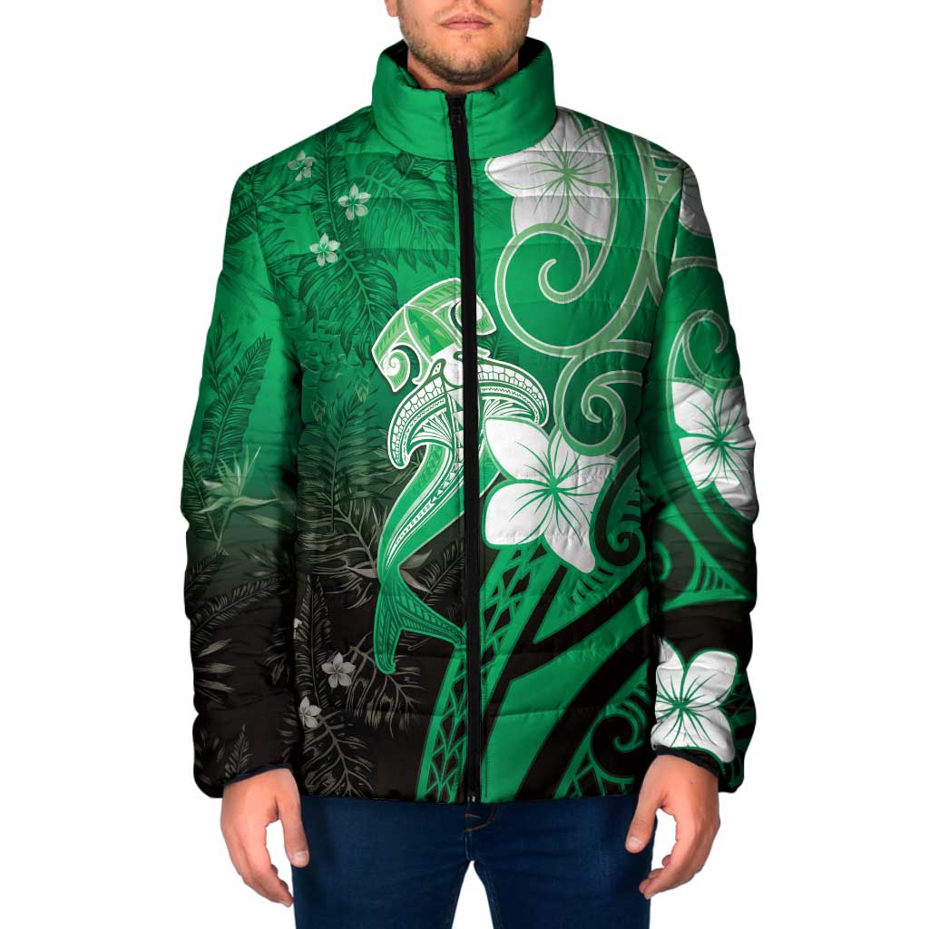 Polynesia Hammerhead Shark Padded Jacket Green Tribal Pattern With Plumeria - Polynesian Pride