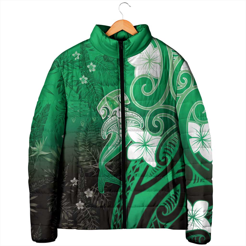 Polynesia Hammerhead Shark Padded Jacket Green Tribal Pattern With Plumeria - Polynesian Pride