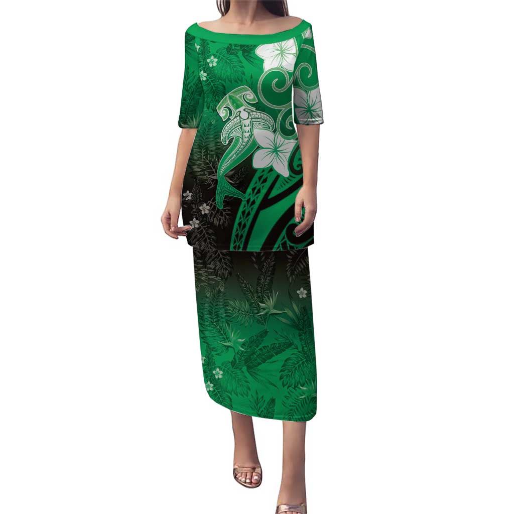 Polynesia Hammerhead Shark Puletasi Green Tribal Pattern With Plumeria - Polynesian Pride