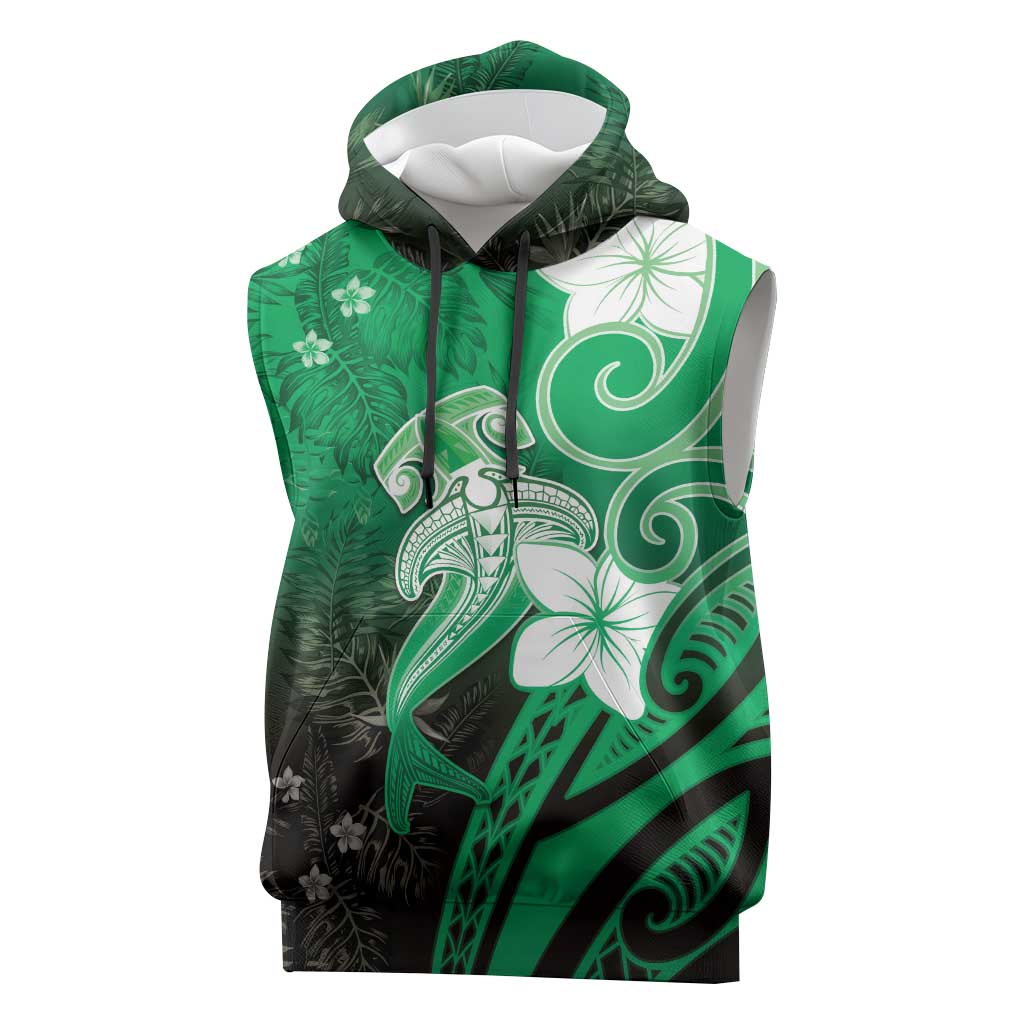 Polynesia Hammerhead Shark Sleeveless Hoodie Green Tribal Pattern With Plumeria - Polynesian Pride