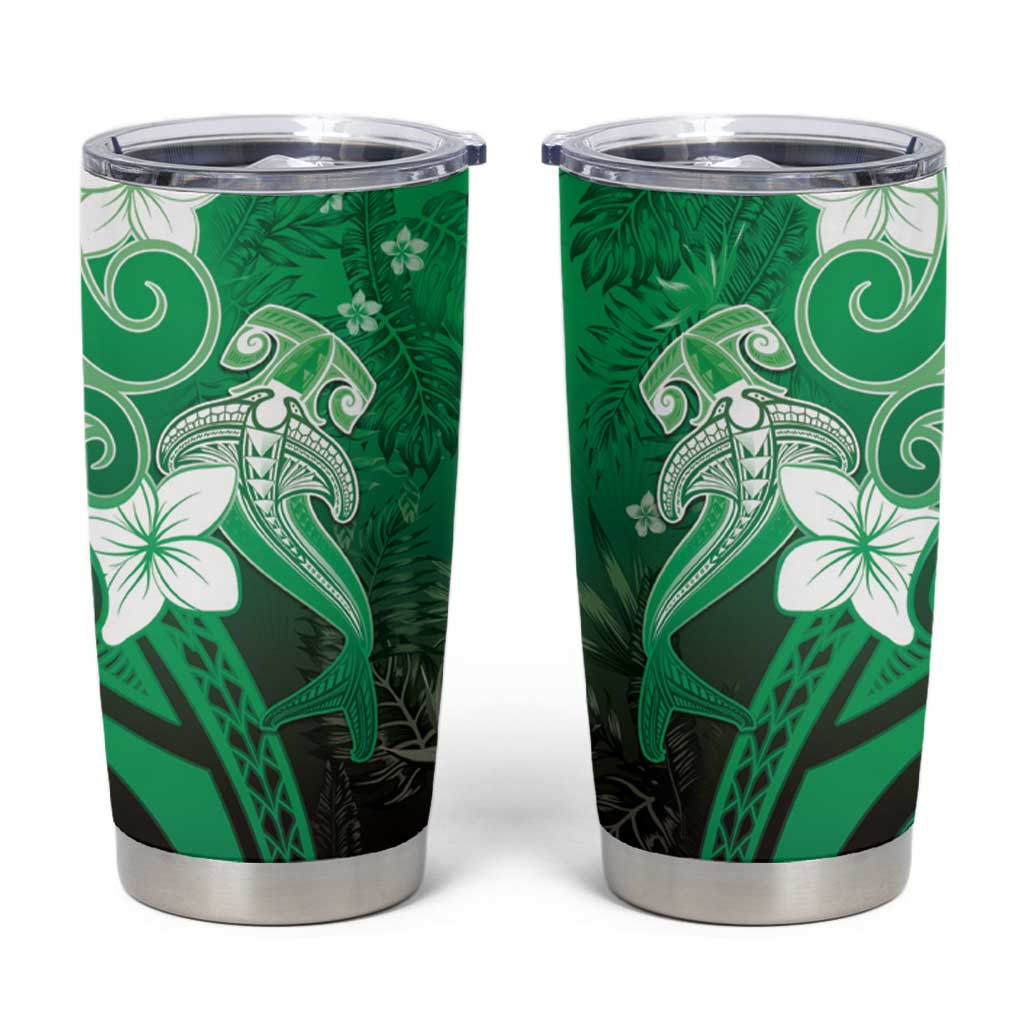 Polynesia Hammerhead Shark Tumbler Cup Green Tribal Pattern With Plumeria - Polynesian Pride