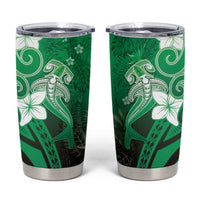 Polynesia Hammerhead Shark Tumbler Cup Green Tribal Pattern With Plumeria - Polynesian Pride