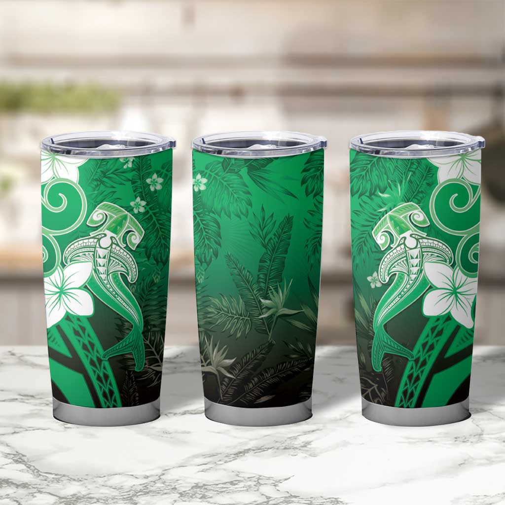 Polynesia Hammerhead Shark Tumbler Cup Green Tribal Pattern With Plumeria - Polynesian Pride